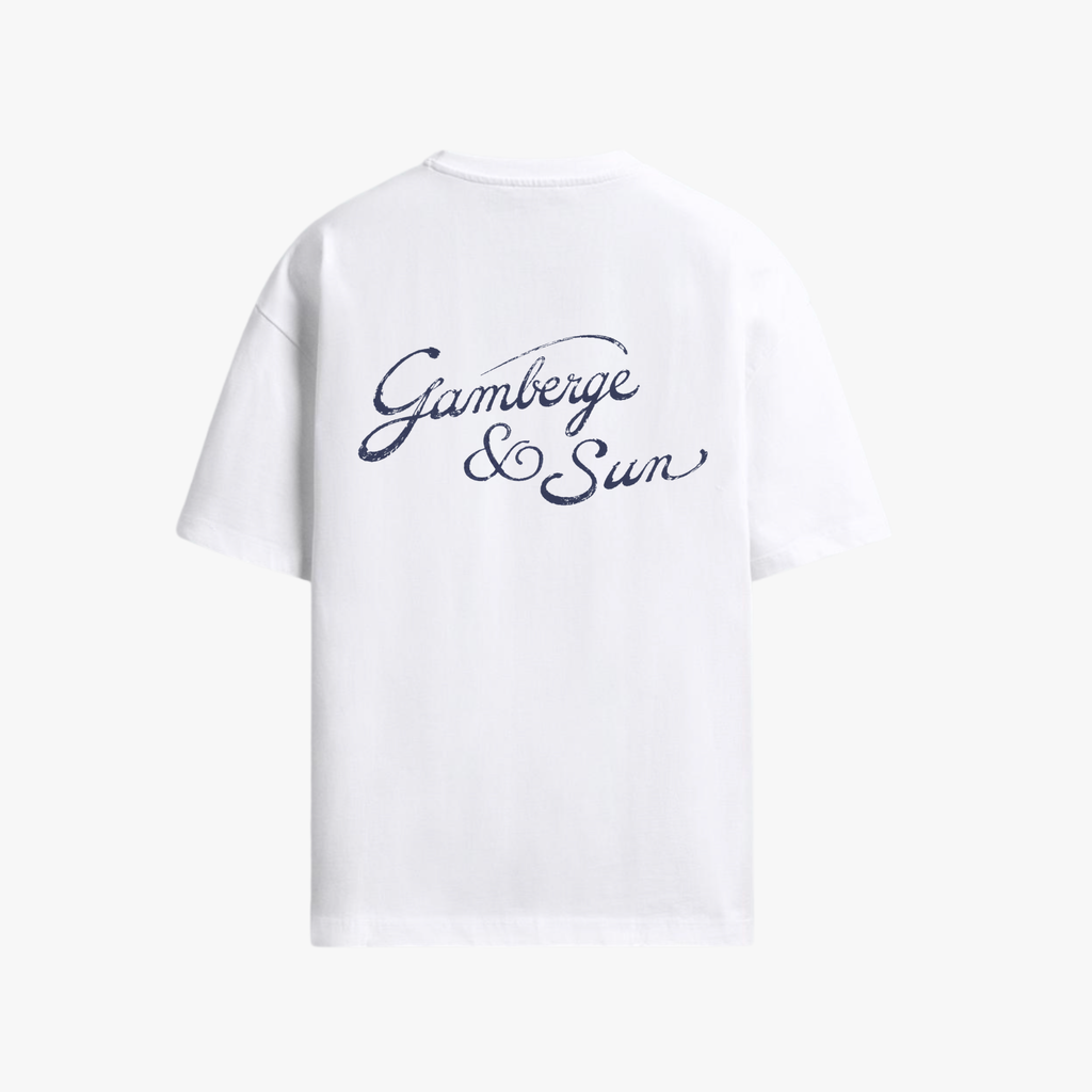 Dos du t-shirt Gamberge & Sun blanc avec imprimé Gamberge & Sun.