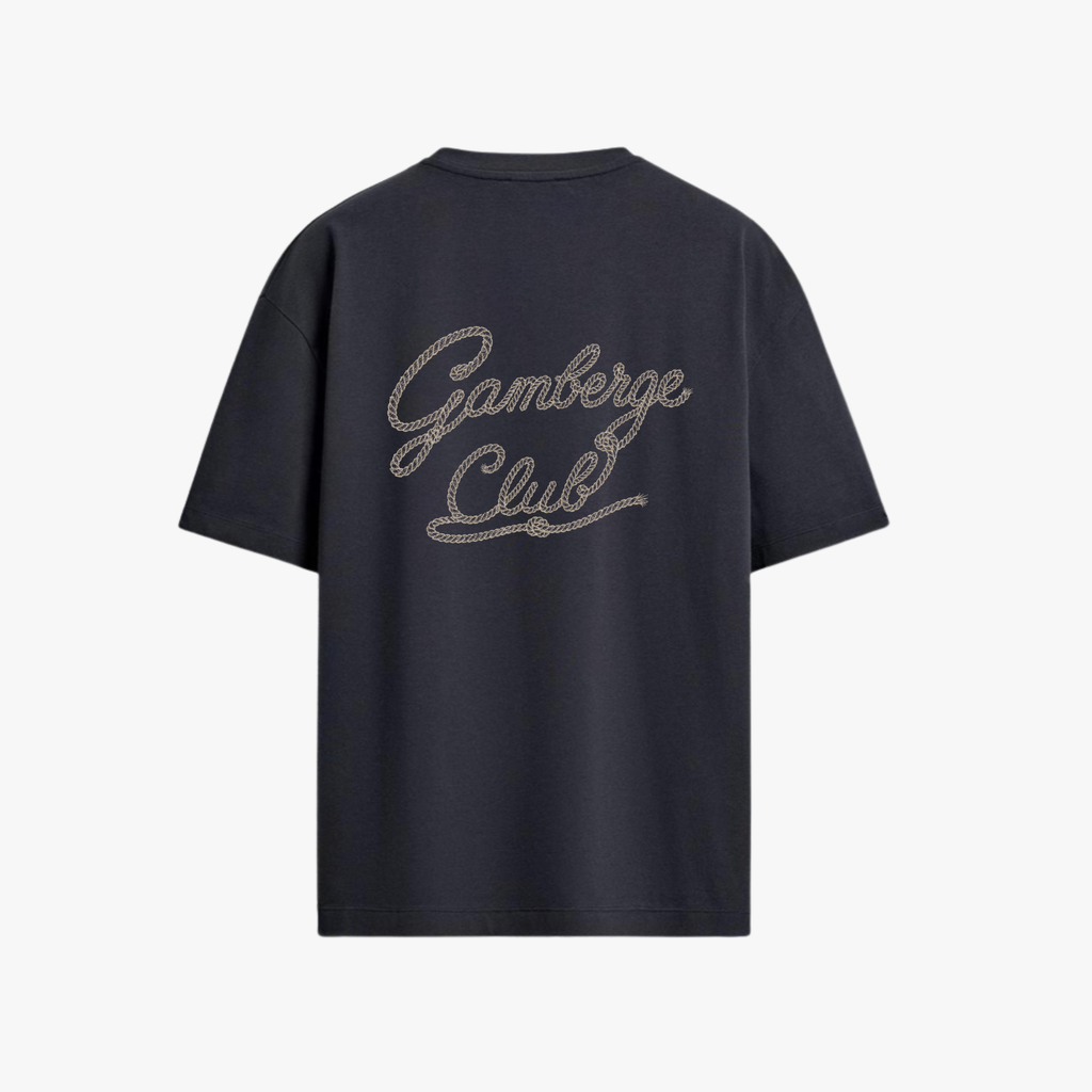 Dos du t-shirt Gamberge Club bleu marine avec imprimé Gamberge Club.