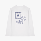 Dos du t-shirt manches longues Welcome to Gamberge Club blanc avec imprimé bleu.