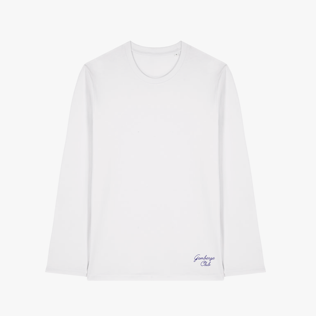 T-shirt manches longues Welcome to Gamberge Club blanc en coton biologique premium.